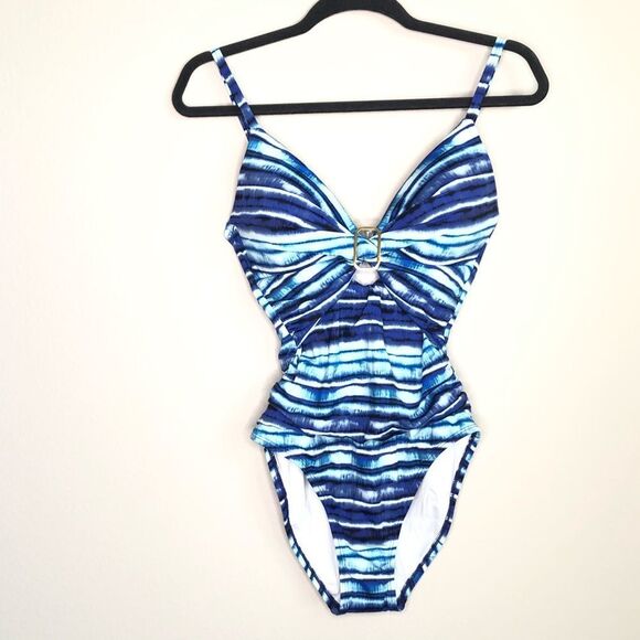 NWT La Blanca Twist Front Keyhole Slimming Fit One Piece Swimsuit Blue Size 6 - Picture 6 of 8